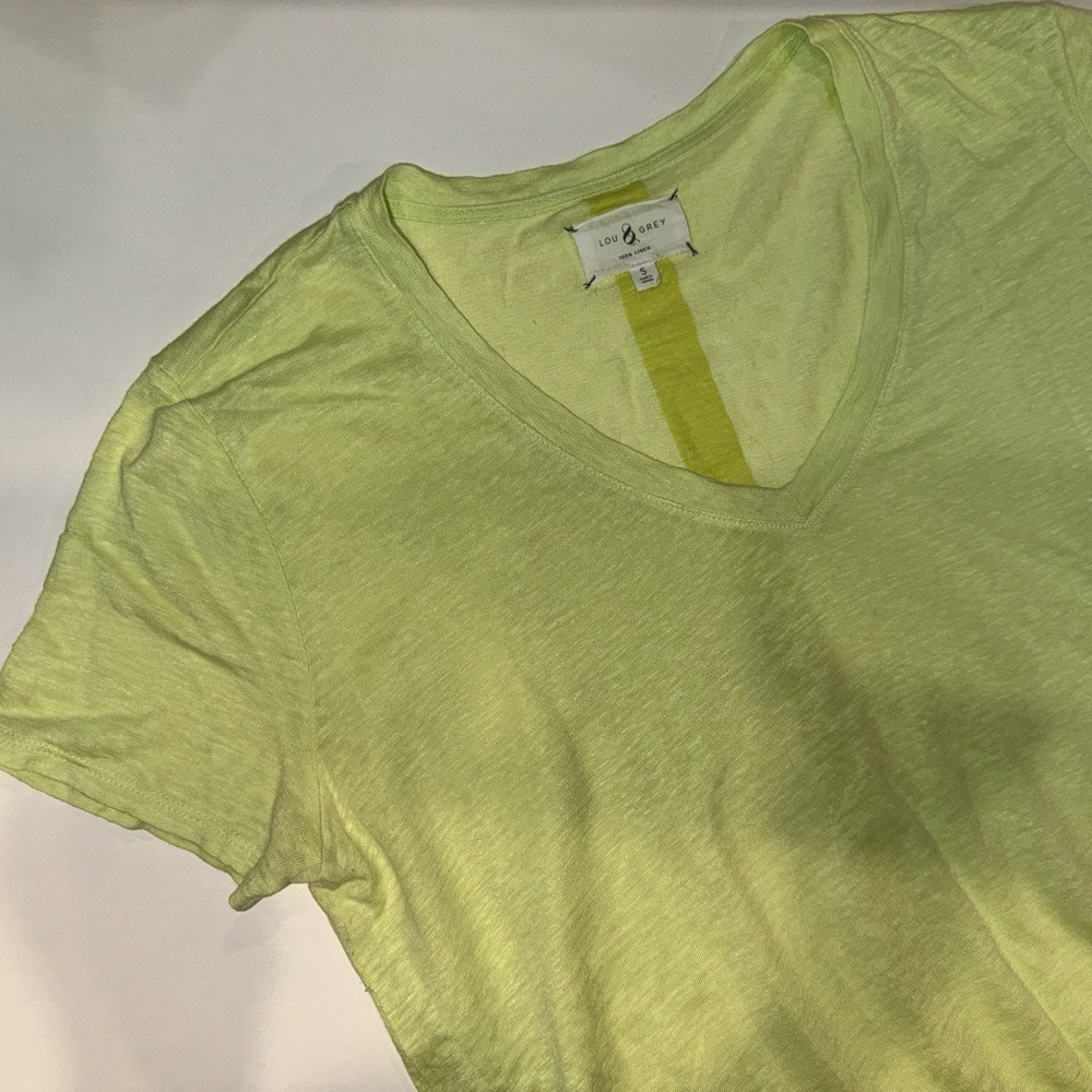 Lou & Grey 100% Linen V-Neck T-Shirt Lime Green Slub Knit Relaxed Small S